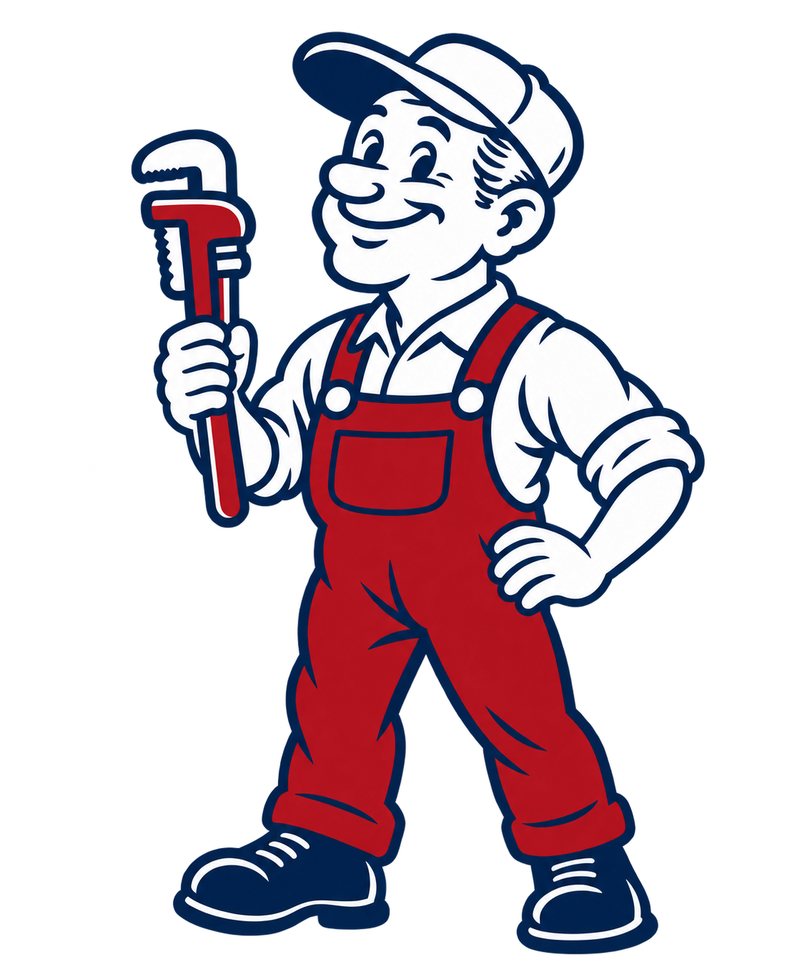 Simple illustrated plumber holding an outward-facing pipe wrench